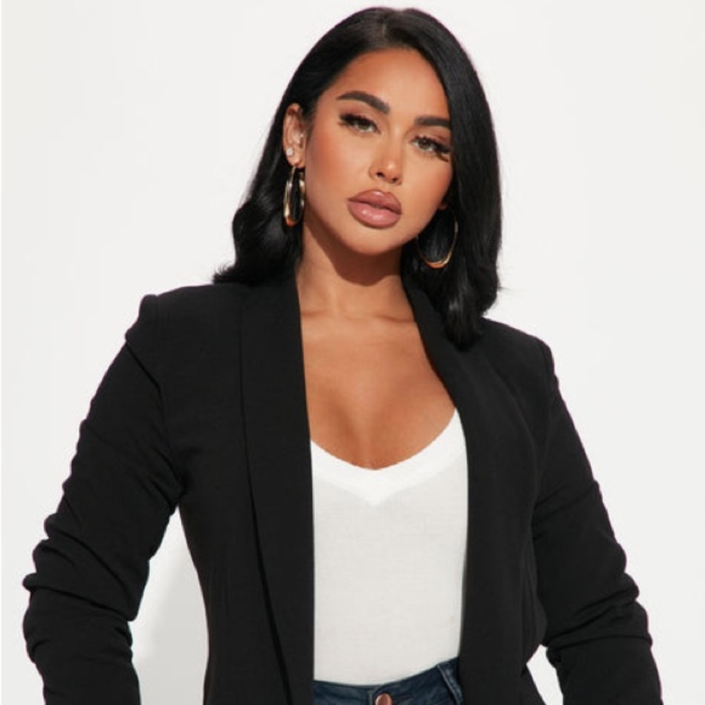 ~Black Tailored Open-Front Blazer w/Gold Zipper Detailing~ - Picture 2 of 14